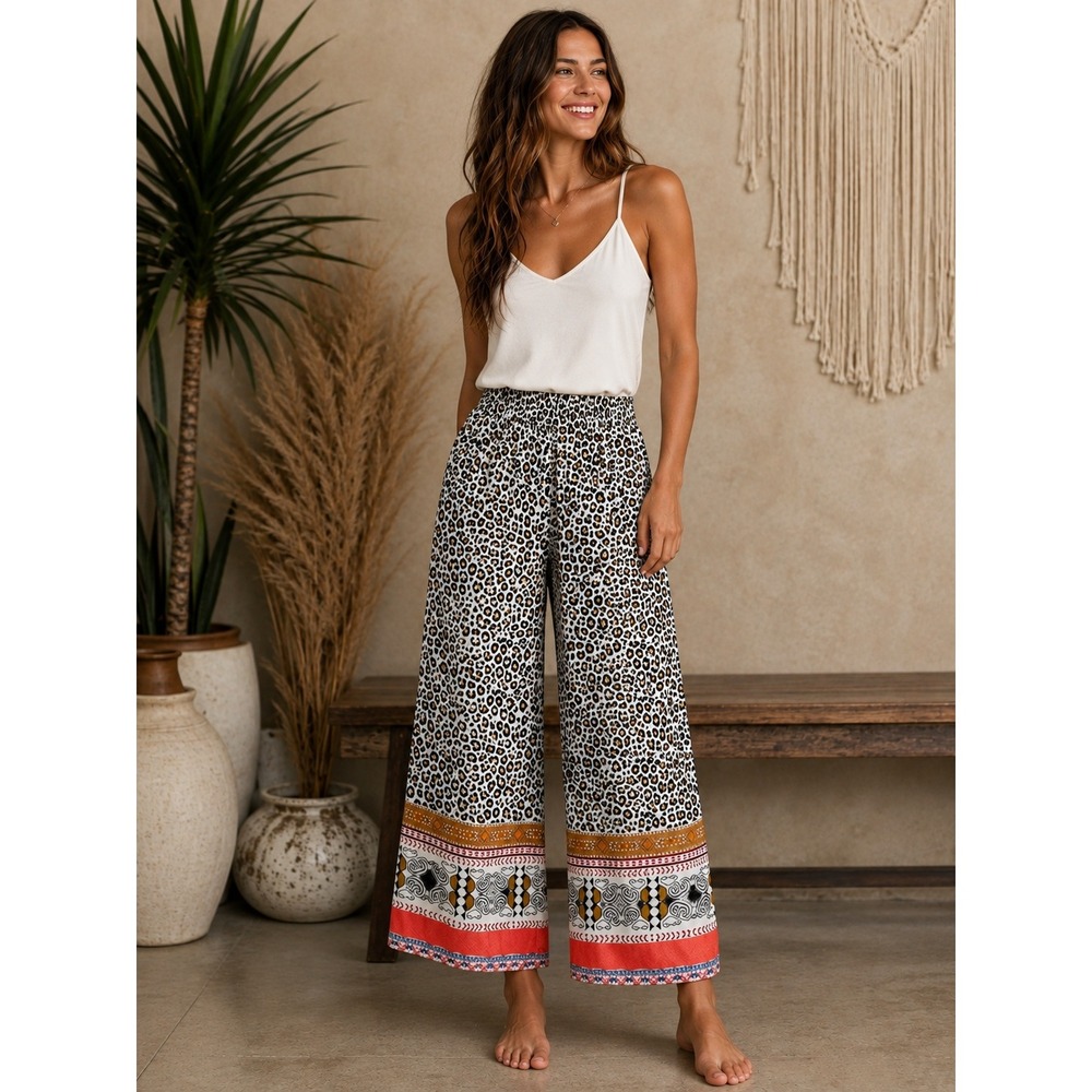 Leopard Print Wide Leg Pants  Red Accents by Kaktus Palazzo Pull On Medium Boho